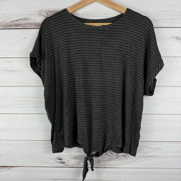 Lily Star Women's Gray Black Striped Cropped‎ Blouse Tie Knot Size L - Picture 1 of 7
